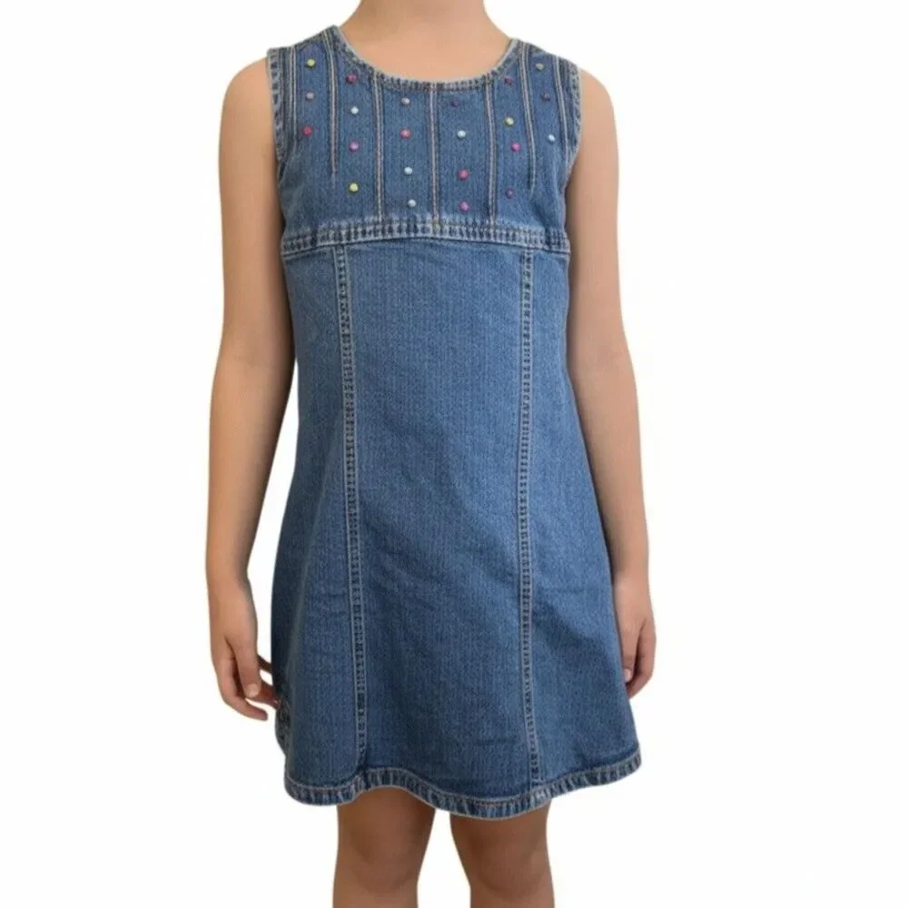 Childrens Place Denim Jean Dress Girls 4T Blue Sleeveless Casual Embellished Gem - Picture 1 of 7